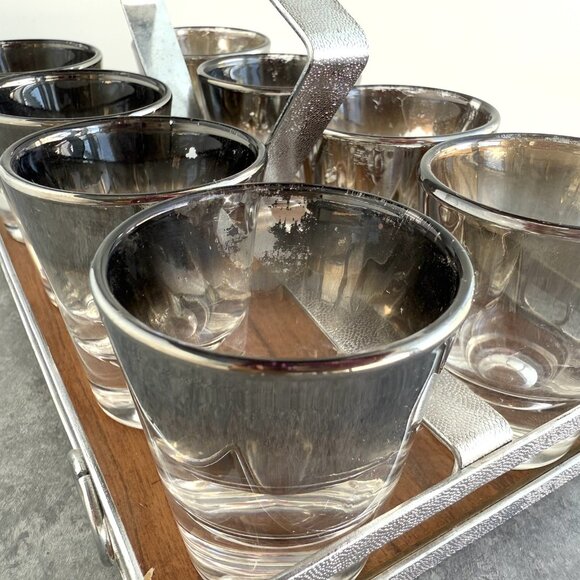Vintage Silver Fade 8 Shot Glasses w/ Carrier Caddy MCM Barware - Picture 7 of 16